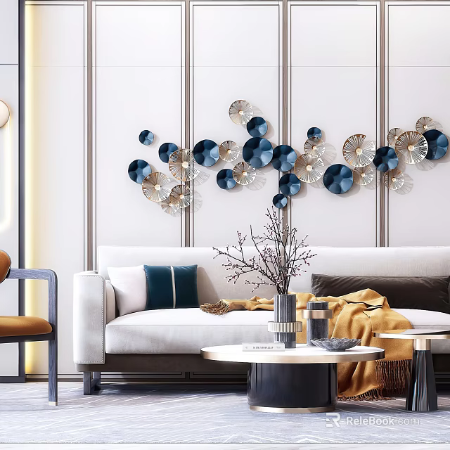 Modern Luxury Sofa And Coffee Table Set With White Upholstery Decorative Pillows And Wall Art 3d model 