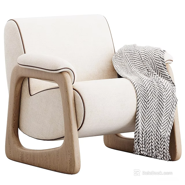 Beige Single Sofa with Wooden Armrests and Legs Topped with Black and White Herringbone Blanket 3d model 