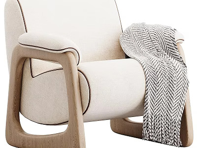 Beige Single Sofa with Wooden Armrests and Legs Topped with Black and White Herringbone Blanket 3d model