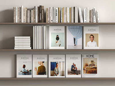 Neatly Arranged Books and Magazines on Bookshelf Including KINFOLK and HOME Issues 3d model