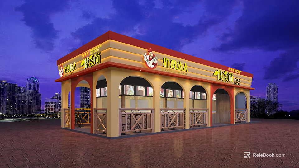 Brightly Lit Restaurant Exterior With Red Yellow Signage Arched Doorways And Wooden Decor 3d model 
