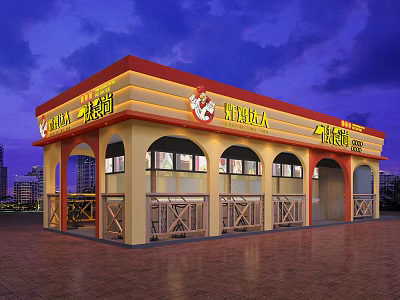 Brightly Lit Restaurant Exterior With Red Yellow Signage Arched Doorways And Wooden Decor 3d model