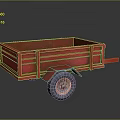 Red Rustic Cargo Trailer With Single Wheel And Open Metal Bed 3d model