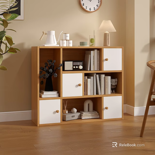 Modern Wooden Bookcase With Open Compartments White Cabinet Doors Table Lamp Decorative Items And Books 3d model 