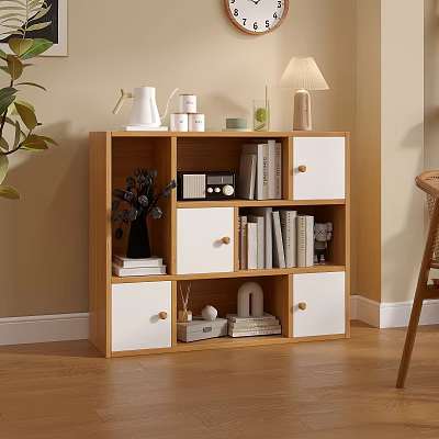 Modern Wooden Bookcase With Open Compartments White Cabinet Doors Table Lamp Decorative Items And Books 3d model
