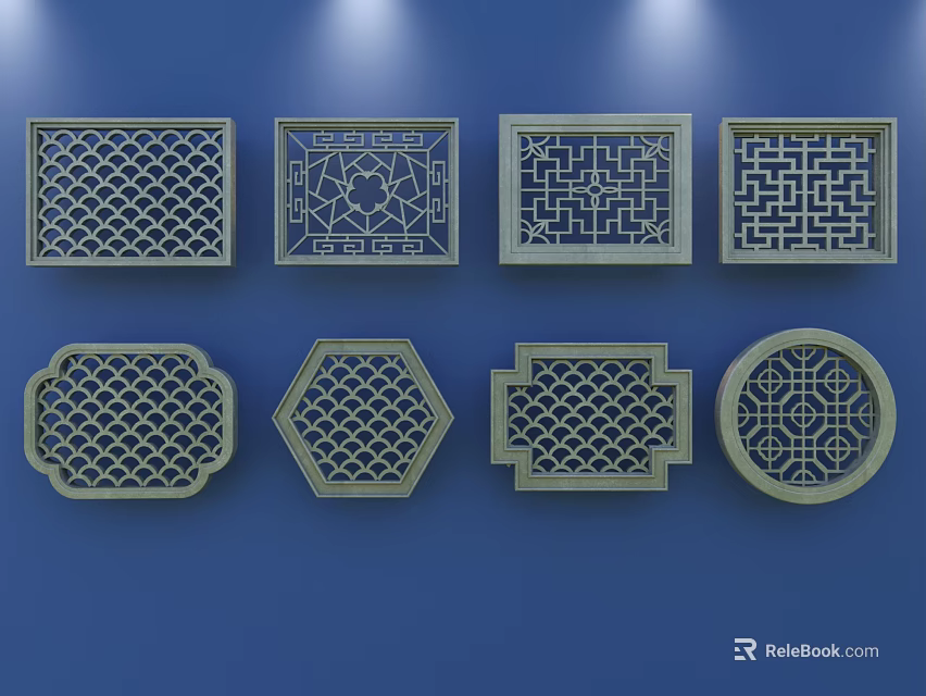 Traditional Carved Lattice Windows in Various Shapes and Intricate Decorative Patterns 3d model 
