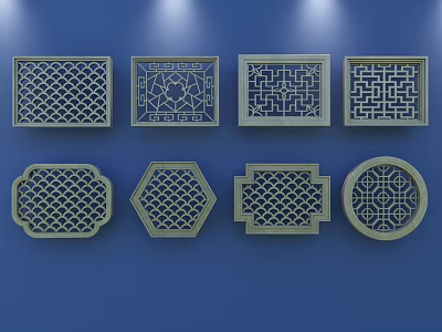 Traditional Carved Lattice Windows in Various Shapes and Intricate Decorative Patterns 3d model
