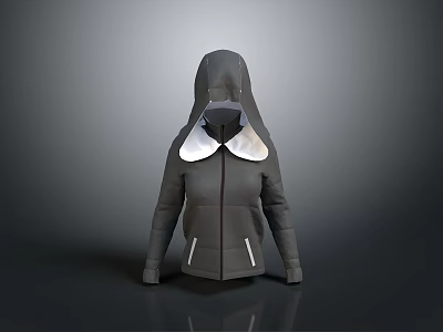 Gray Hooded Jacket With White Collar Zip Front Design And Functional Pockets Modern Casual Outerwear 3d model