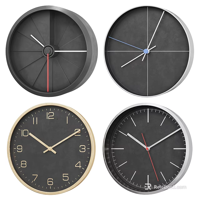 Modern Wall Clocks With Black Dials Red Blue Hands And Gold Silver Frames 3d model 