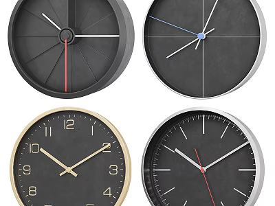 Modern Wall Clocks With Black Dials Red Blue Hands And Gold Silver Frames 3d model