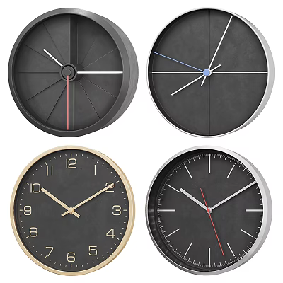 Modern Wall Clocks With Black Dials Red Blue Hands And Gold Silver Frames 3d model