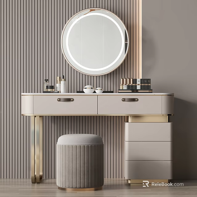 Modern Dressing Table With Round Mirror Drawers And Stool Against Vertical Striped Wall 3d model 