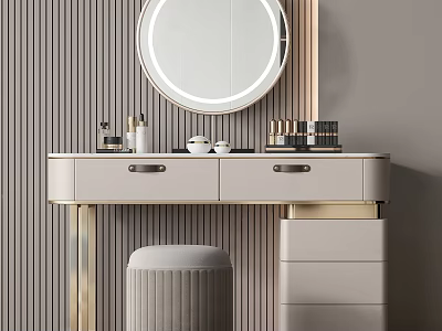 Modern Dressing Table With Round Mirror Drawers And Stool Against Vertical Striped Wall 3d model