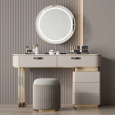 Modern Dressing Table With Round Mirror Drawers And Stool Against Vertical Striped Wall 3d model