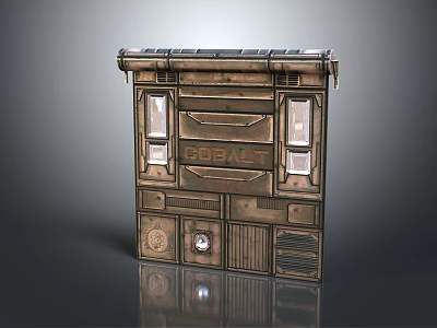 Vintage Industrial Metal Console With Cobalt Logo Panel Windows And Textured Surface 3d model