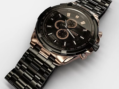 Elegant Chronograph Watch With Black Dial Rose Gold Bezel And Black Metal Strap 3d model