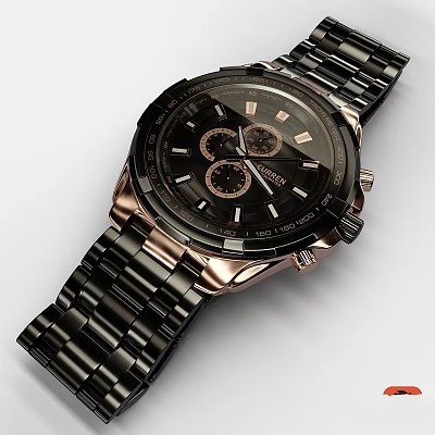 Elegant Chronograph Watch With Black Dial Rose Gold Bezel And Black Metal Strap 3d model