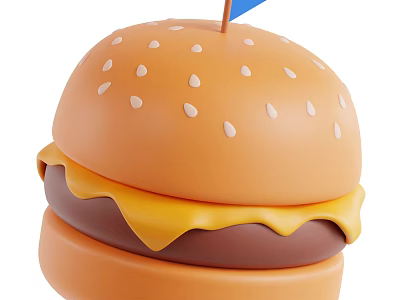 Delicious Juicy Cheeseburger With Sesame Bun Patty And Blue Flag 3d model