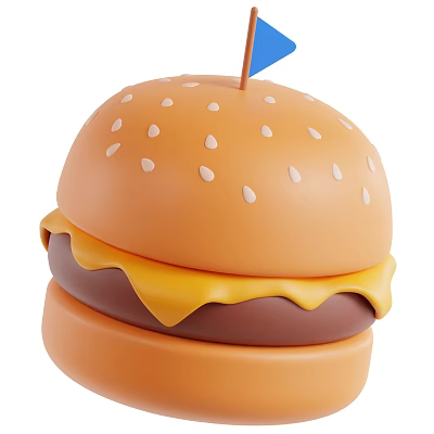 Delicious Juicy Cheeseburger With Sesame Bun Patty And Blue Flag 3d model