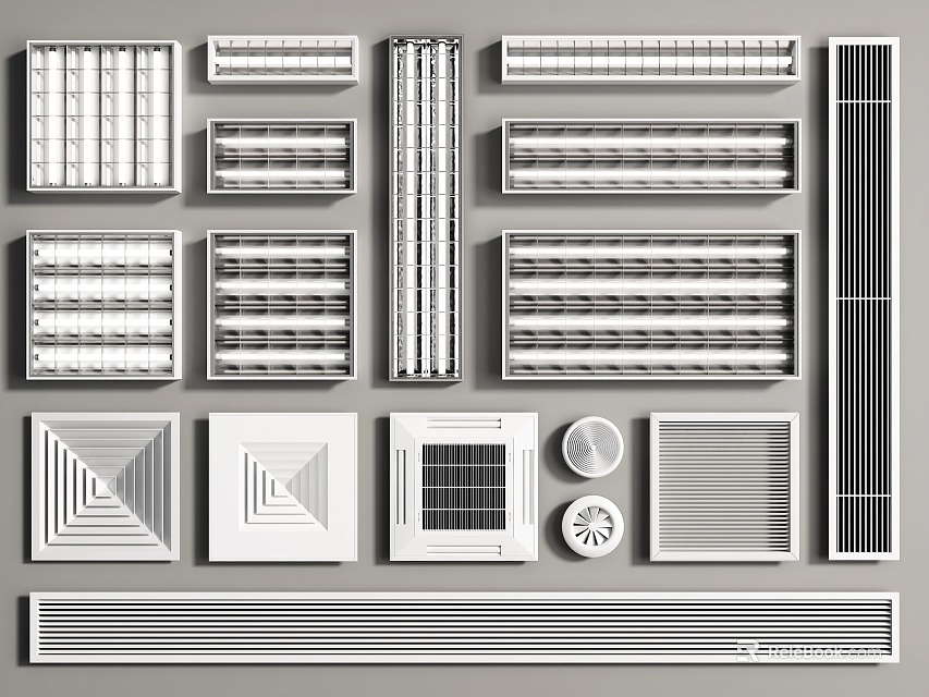 Different Grille Lights Types Featuring Ceiling Panels Linear And Square Designs 3d model 