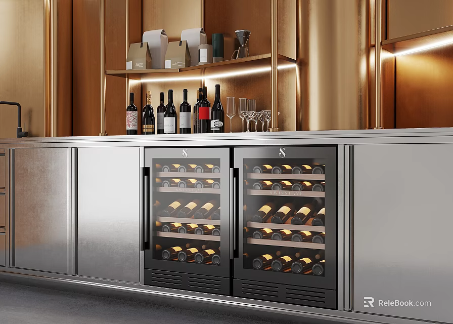 Modern Stainless Steel Double Door Wine Cooler With Wine Glasses And Decorative Shelves 3d model 