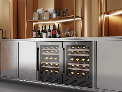 Modern Stainless Steel Double Door Wine Cooler With Wine Glasses And Decorative Shelves 3d model