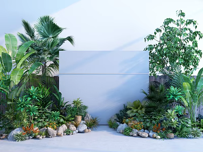 Lush Garden Decor with Palm Trees Banana Leaves Bushes Stones White Board and Fence 3d model