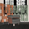 Modern Room Dividers With Orange Green Geometric Panels And Gray Brown Sofa In Living Space