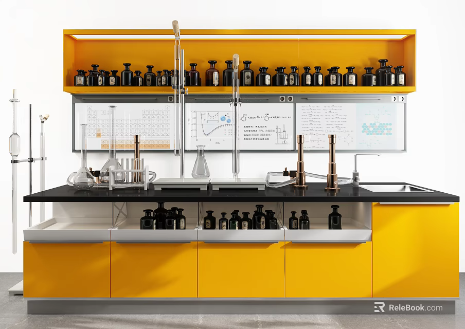 Functional Lab Table with Yellow Cabinets Shelves Glassware and Whiteboard Charts 3d model 