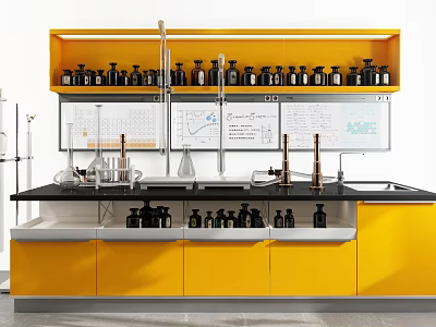Functional Lab Table with Yellow Cabinets Shelves Glassware and Whiteboard Charts 3d model