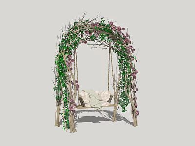 Playground Equipment With Branch Arch Green Vines Pink Flowers Swing Seat And White Cushions 3d model