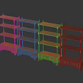 Four Wooden Multi Tiered Shelving Units with Drawers Various Wood Tones Decorative Edges for Home Storage