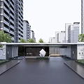 Modern Apartment Building Entrance Gate With Metal Panels Green Plants And Sculpture