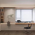Modern Study Room Interior Design With Desk Window Blinds Bookshelf Green Plant And Chair