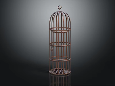 Decorative Metal Birdcage with Hanger Cylindrical Design and Grilled Base for Home Decor 3d model