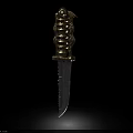 Decorative Knife With Golden Hilt Intricate Carvings And Serrated Blade