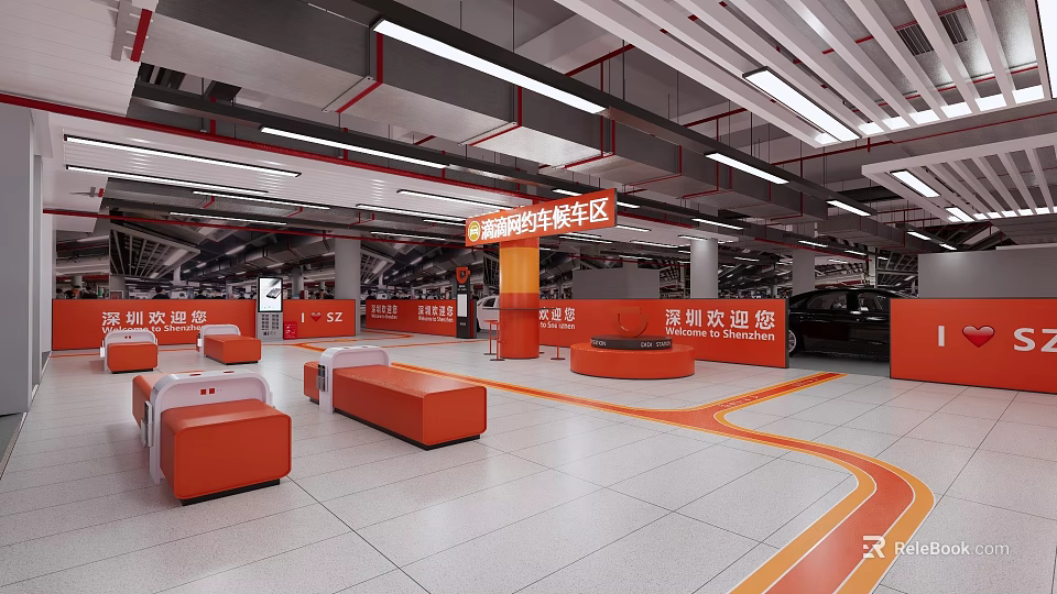 Shenzhen Bay Port Station Parking Area With Orange Seats Reception Desk And Guidance Lines 3d model 