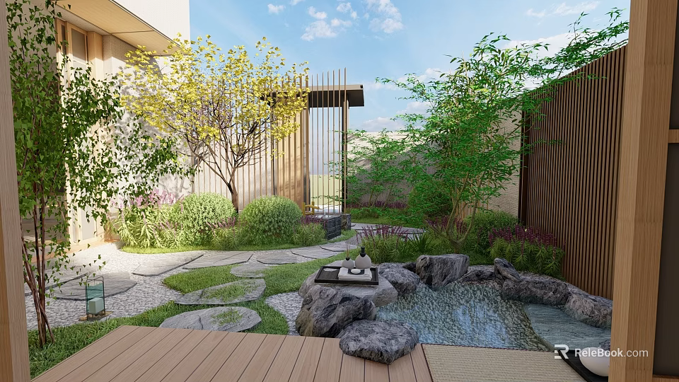 Rockery Stones In Garden Courtyard Featuring Small Pond Green Plants And Wooden Deck 3d model 