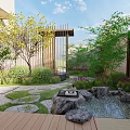 Rockery Stones In Garden Courtyard Featuring Small Pond Green Plants And Wooden Deck