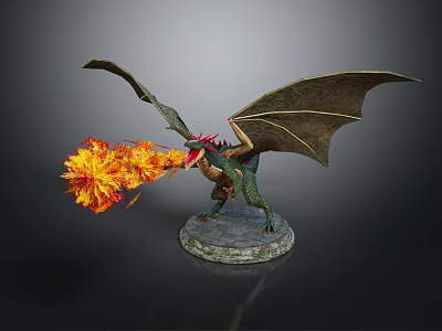 Detailed Mythical Dragon Figure Standing On Stone Base With Spread Wings And Flaming Breath 3d model