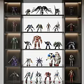 Various Action Figure Dolls Displayed On Glass Shelves With Different Styles And Colors