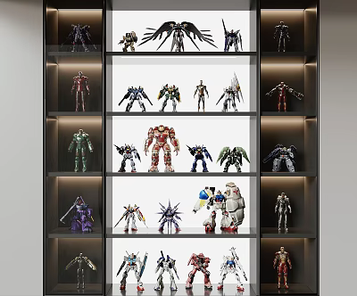 Various Action Figure Dolls Displayed On Glass Shelves With Different Styles And Colors 3d model
