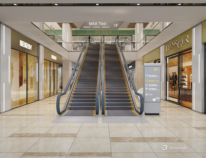 Shopping Mall Lobby With Dual Escalators Storefronts And Tile Flooring Under Ceiling Lighting 3d model 