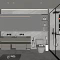 Modern Minimalist Bathroom Interior With Large Mirror Double Vanity And Glass Shower