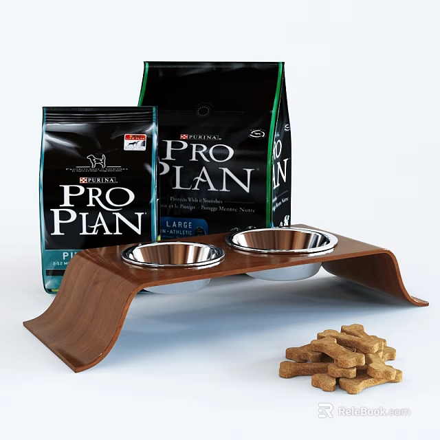 Pro Plan Original Dog Food With Wooden Bowl Stand And Stainless Steel Bowls Kibbles 3d model 