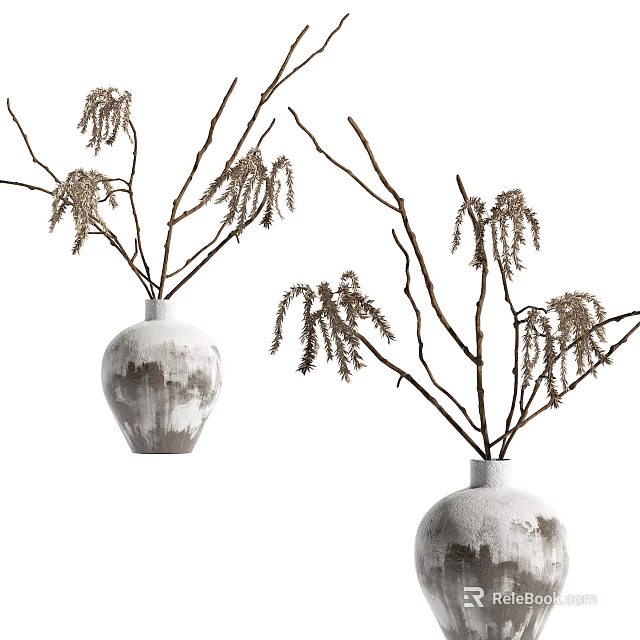 White Vases With Gray Texture And Dried Branches For Rustic Home Decor 3d model