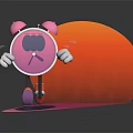 Cartoon Style Pink Alarm Clock with Arms Legs Running on Pink Platform with Red Background