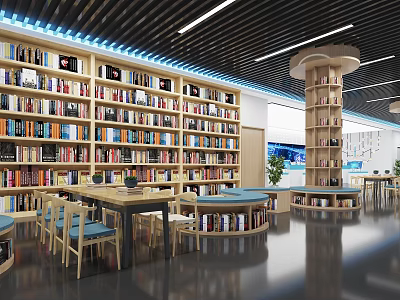 Modern Spacious Library Interior With Shelves Books Reading Tables And Chairs 3d model