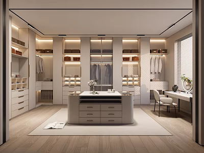 Modern Walk in Closet Interior With Cabinetry Island Drawers And Ambient Lighting 3d model