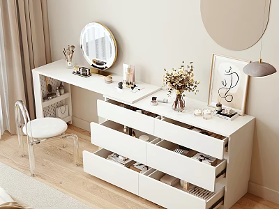 White Modern Vanity Table With Drawers Mirror And Acrylic Chair Decorations 3d model